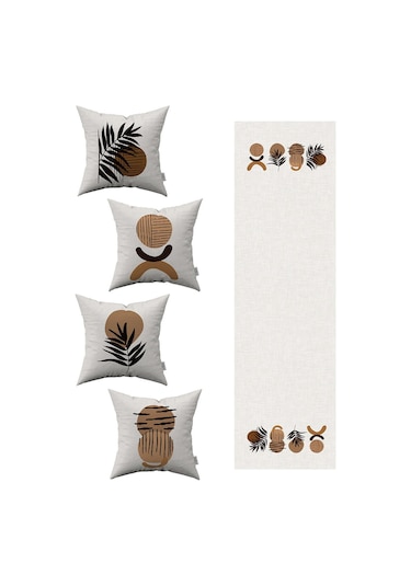 Kahverengi Siyah Bohem Tarz Yaprak Desenli 4'lü Kırlent Kılıfı 1 Runner Seti 4kmbs113-rs
