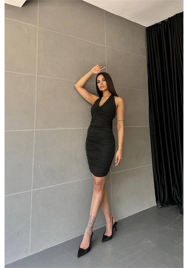 Dip Moda Kadın Boyundan Bağlama Detaylı Mini Elbise Dpnbdf033 Siyah