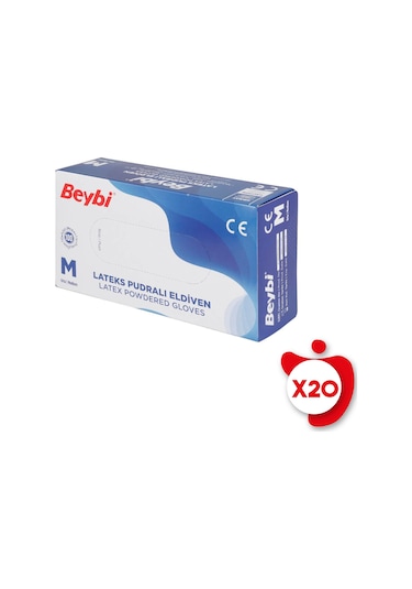 Beybi Pudralı Lateks Eldiven M Beden Beyaz 100'lü 20 Paket