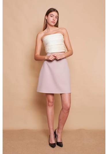 Yüksek Bel Hafif Likralı Kumaş Diz Boy Çan Etek-taş Taş