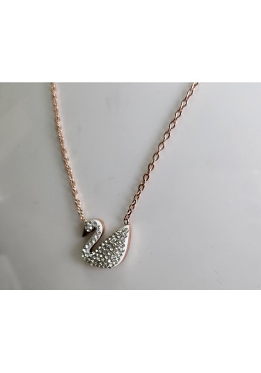 Uzel Çelik Zirkon Beyaz Taşlı Kuğu Kolye Rose Zincir Beyaz