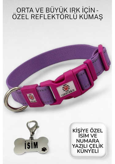Caramelos Reflektörlü Köpek Tasması, Kişiye Özel Köpek Tasması. Büyük Ive Orta Irk Köpek Tasması Ll Lila