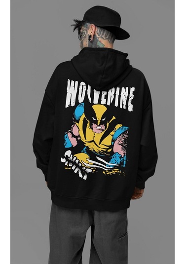 Sevbano Wolverine Karakter Baskılı Unisex Oversize Hoodie Siyah