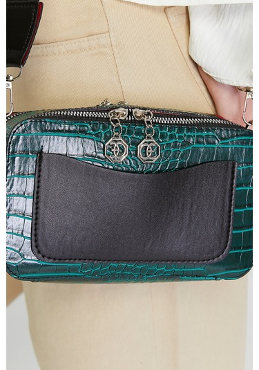 Morpelikan Yeşil Kroko İki Bölmeli Kadın Omuz Çantası Yeşil