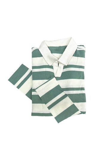 Fazra Polo Yaka Çizgili Triko Kazak 2025 Açık Yeşil