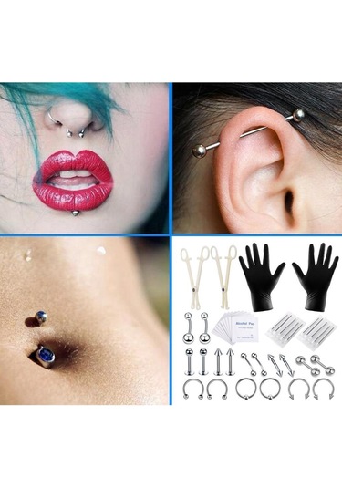 Dolıty 42 Parça Profesyonel Piercing Seti Gümüş-1.2x6+3 Çok Renkli