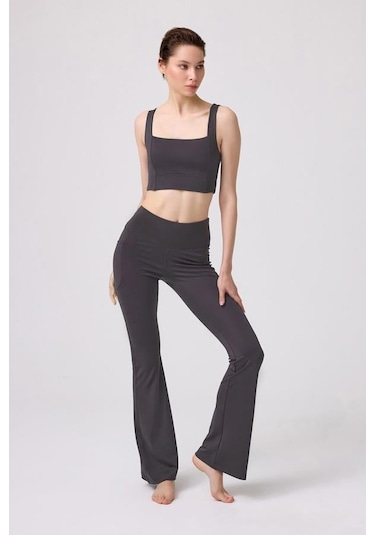 Füme Yüksek Bel Çift Cepli İspanyol Paça Kadın Tayt Füme