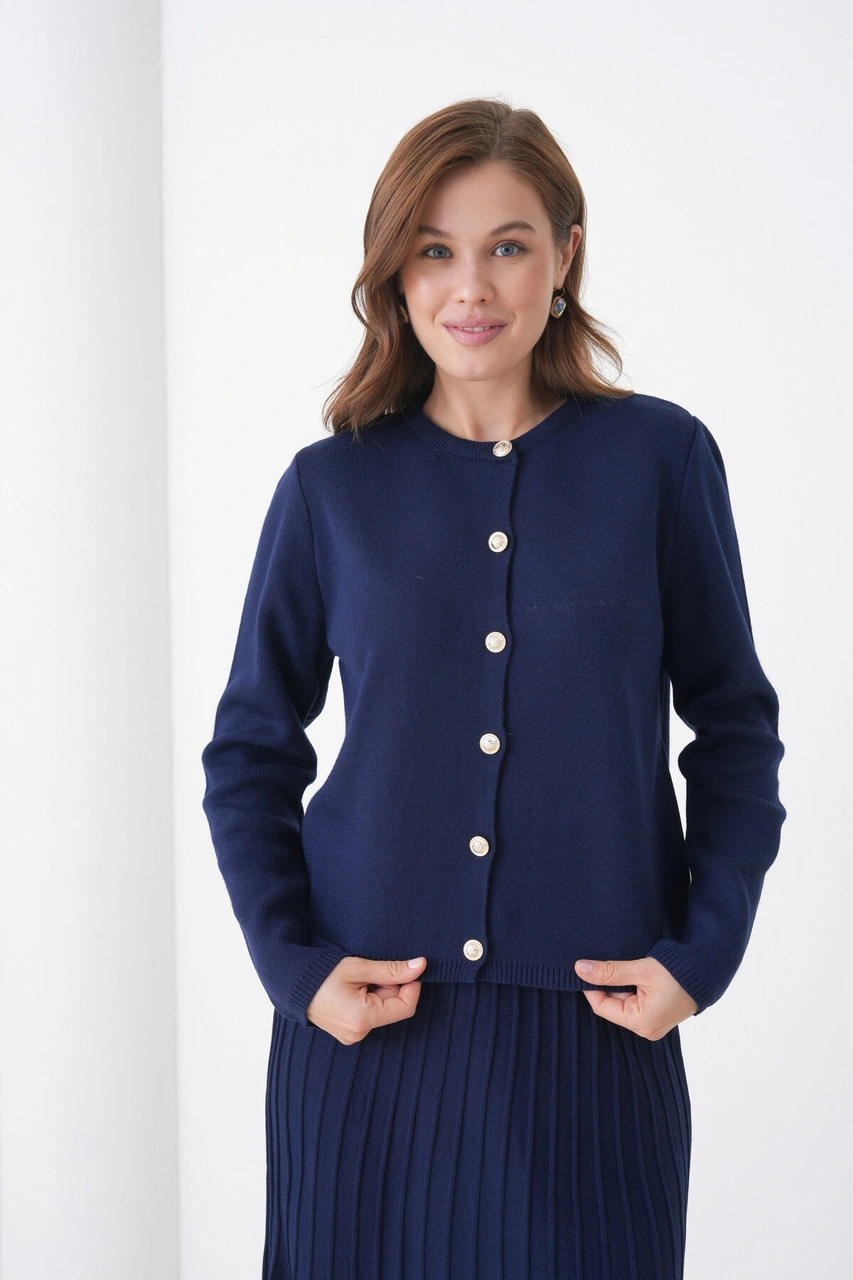 Kadın Pileli Etek Kazağı Düğmeli Tesettüre Uygun Örgü Triko Etekli Ceket Takım Lacivert