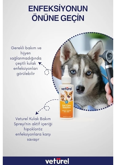 Veturel Köpek Kulak Temizleme Solüsyon Kir Enfeksiyon Kaşıntı Koku Kulak Uyuzu 100 ML + Disk Pamuk 50'li