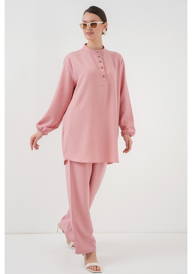 Bigdart 6678 Keten Tunik Pantolon İkili Takım - Pembe