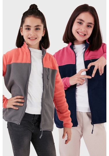 Lela Yumuşak Dokulu Fermuarlı Renk Bloklu Dik Yaka Cepli 2'Li Paket Hırka Çocuk Polar 5905001S2 Fuşya Lacivert-Somon Gri