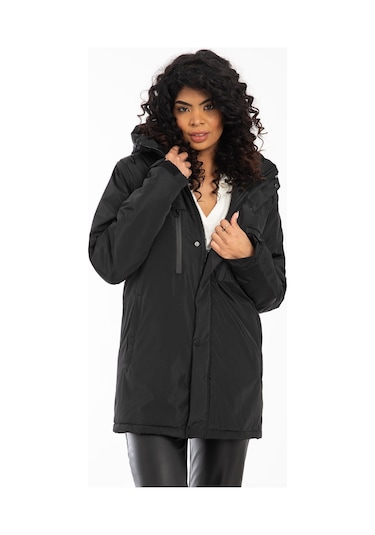 Kadın Siyah Içi Polarlı Su Ve Rüzgar Geçirmez Kapüşonlu Kışlık Mont Siyah