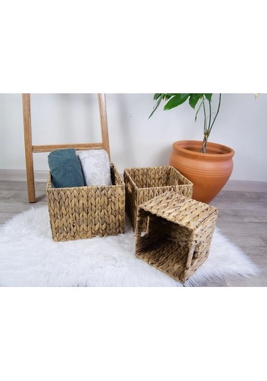 Dekoratif Kare Hasır Düzenleyici Sepet 3 Lü