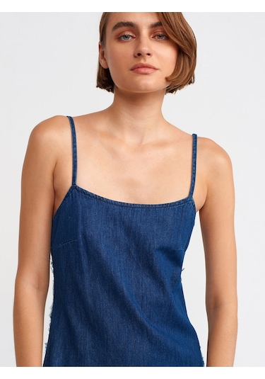 Dilvin 90526 Askılı Koyu Renk Denim Elbise-Lacivert