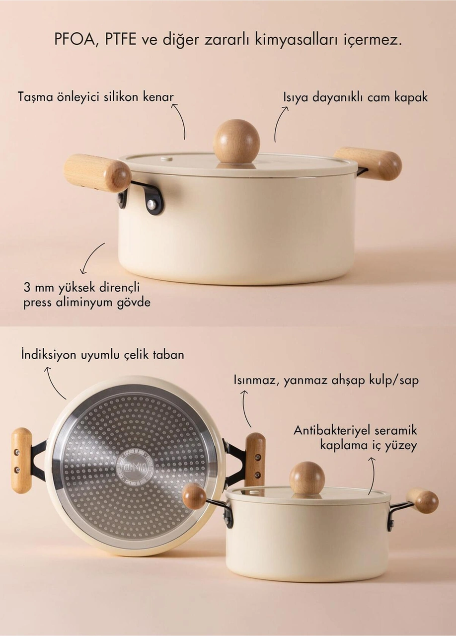 The Mia Cucina 6 Parça Tencere Seti Takımı İndiksiyonlu Ocaklara Uyumlu Krem