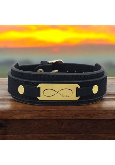 Archin Sonsuz Aşk Temalı Oval Motifli 14 Ayar Altın Plakalı Doğal Siyah Derili Hediye Bileklik-438sembol Sonsuz Aşk