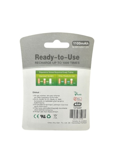 Ortec 1.2 V 1100 mAh Ni-mh Aaa Şarj Edilebilir İnce Kalem Pil