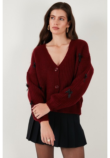 Lela Oversize Fit V Yaka Fiyonk Detaylı Düğmeli Bayan Hırka 4615577 Bordo