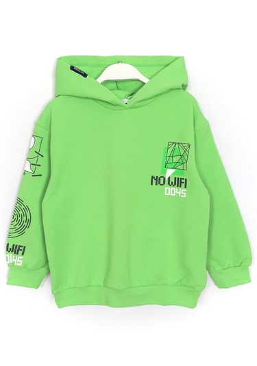 Ön Arka Baskılı Kapüşonlu Erkek Çocuk Mevsimlik Sweatshirt 1990 Yeşil