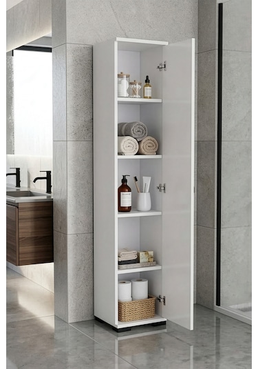 Banyo Dolabı Dar Boy Dolap Raflı Kapaklı Çok Amaçlı Organizer 5 Katlı 266 Beyaz