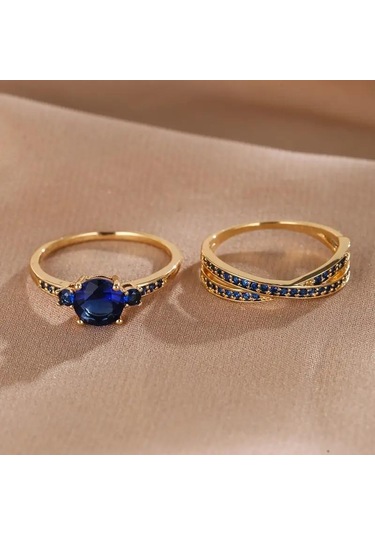 Vintage Altın Rengi Yuvarlak Kesim Mavi Taş İç İçe Yüzük Seti Düğün Band Yüzük Seti Sevgililer Günü Hediyesi 7 Mavi
