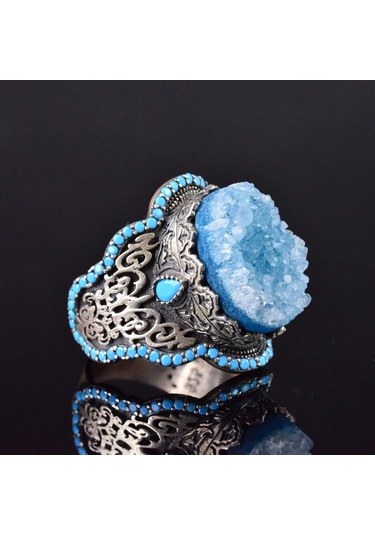 El Yapımı 925 Ayar Gümüş Erkek Yüzük İle Doğal Taş - Kültürel Tasarım Mavi Drusy Kristali Gümüş