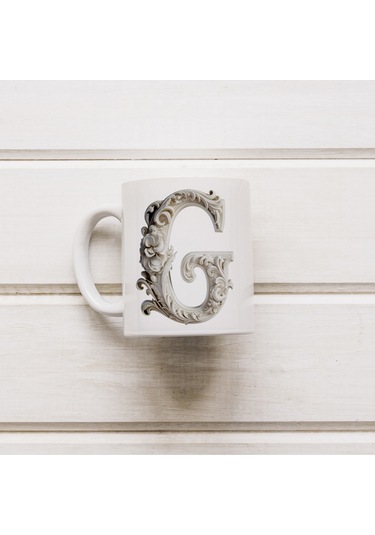 G Harfi Bardak, Monogram 330 Ml Barok Oymalı Görünüm Beyaz