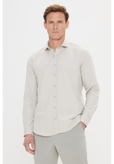 AC&Co / Altınyıldız Classics ERKEK BEJ Kolay Ütülenebilir Slim Fit Dar Kesim İtalyan Yaka Armürlü Gömlek Bej
