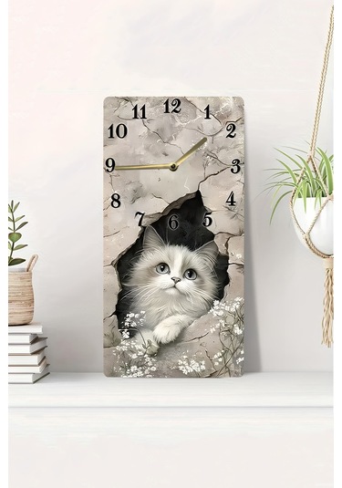 Uv Baskı Mdf Tablo Saat 30x60 Cm Sevimli Kedi Desenli Usd249 Ahşap Saat Usd249