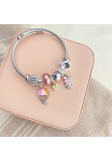 Charm Bileklik Tavşan Uçan Balon Figürlü Çelik Bileklik Gümüş Pembe Gümüş
