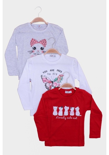 3'lü Cat Meow-free To Fly-lovely Cute Cat Baskılı Kız Çocuk Uzun Kol Kırmızı-beyaz-gri Sweatshirt Çok Renkli