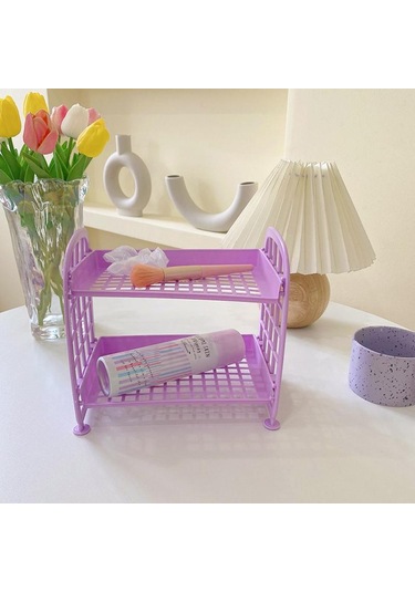 Mor Kawaii Çift Katmanlı Depolama Rafı Masaüstü Katlanır Makyaj Kutusu Raf Raf Kozmetik Depolama Bitirme Yurdu Banyo Mor