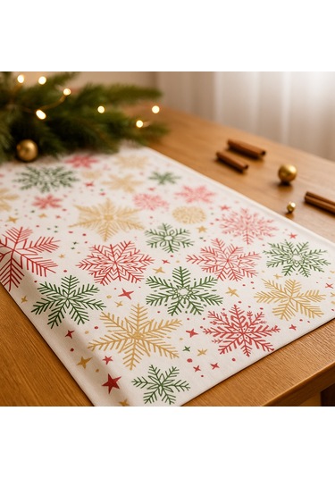 Yılbaşı Temalı Masa Runner I Krem Zeminli, Renkli Kar Tanesi Desenli 40x140 Cm Bej - Krem