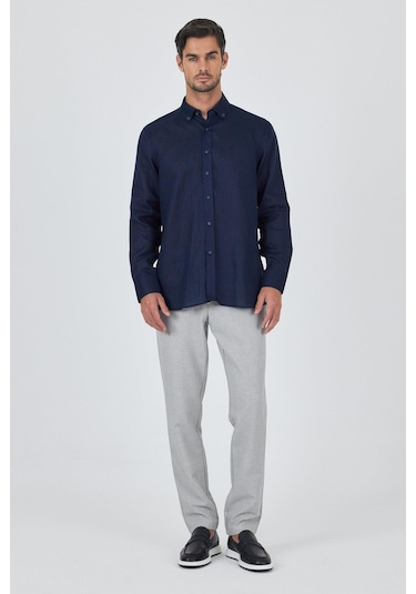 Uzun Kol Düz Keten Düğmeli Yaka Cepsiz Casual Comfort Fit Gömlek 1004250114 Koyu Lacivert