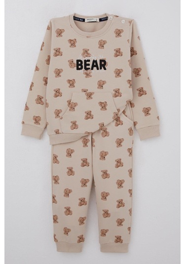Breeze Erkek Bebek Eşofman Takımı Sevimli Ayıcık Desenli Pantolonu Düğme Aksesuarlı 9 Ay-3 Yaş, Bej Bej