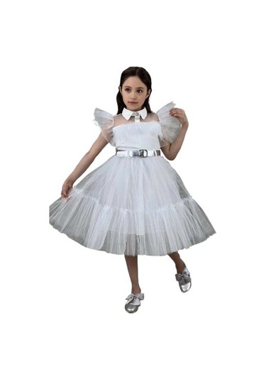 Ricctarz Kız Çocuk Gömlek Yaka Göğsü Ve Kolları Tül Detaylı Wednesday Beyaz Elbise Beyaz