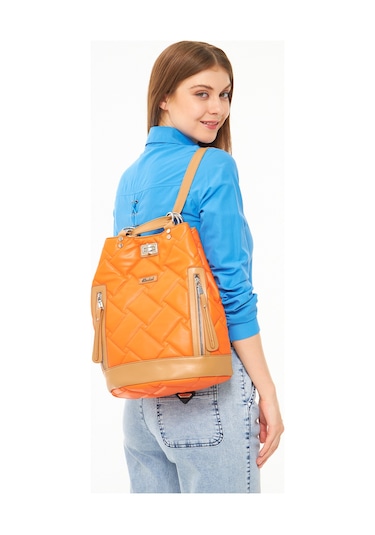 Morpelikan Orange Kapitone Nakışlı Kadın Sırt Çantası Orange