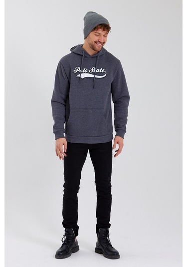 Erkek Baskılı Kapüşonlu 3 İplik Sweatshirt Antrasit