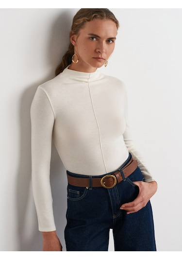 Dilvin 31391 Dik Yaka Uzun Kollu Top-ekru 101a31391 Ekru