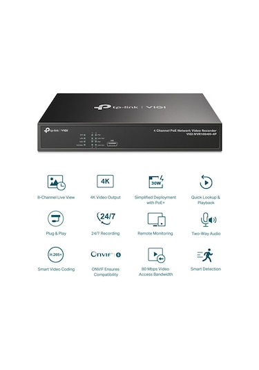 Tp-lınk Vıgı NVR1004H-4P 4 KANAL POE H265+ Nvr Kayıt Cihazı