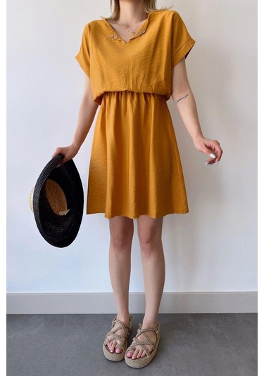 Kadın Hardal Kısa Kol, Kalp Yaka, Dokulu Desen, Bele Oturan, Aerobin Lastikli Bel Midi Elbise Hardal