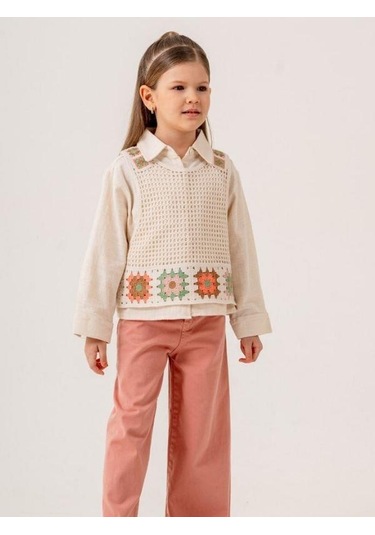 Kız Cocuk Gömlek Motif Desenli Süveter İkili Takım-15515 Bej