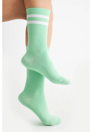 Bambu Kadın Yeşil Kaydırmaz Taban Silikon Baskı Yoga Fitness Pilates Bale Dans Tenis Çorabı Çok Renkli