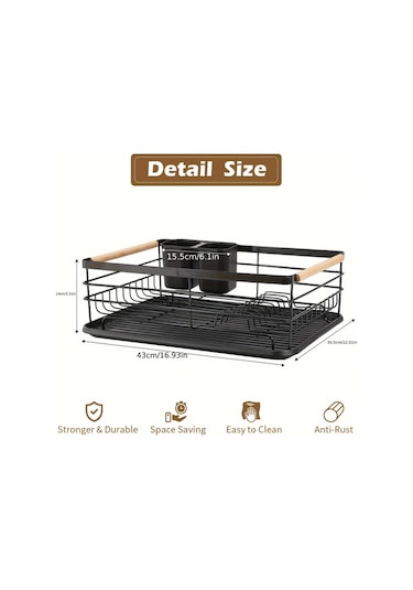 Honeybeeshop Siyah Ldq Tek Katlı Bulaşık Kurutma Rafı Çıkarılabilir Çatal Bıçak Tutucu Damlalık Tepsisi Ahşap Sap Büyük Kapasiteli Paslanmaz Mutfak Tezgahı Düzenleyici Beyaz Siyah