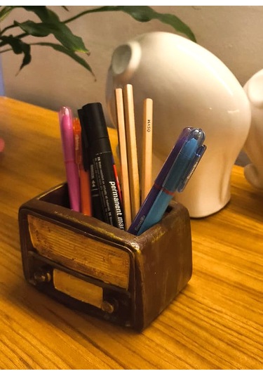 Artepieza Retro Radyo Sukulent Saksısı Ve Kalemlik - Masaüstü Dekoratif Organizer Kahverengi 12 8 12cm