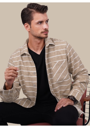 Bej Beyaz Çizgili Oversize Geniş Kalıp Hediye Kutulu Gömlek 001