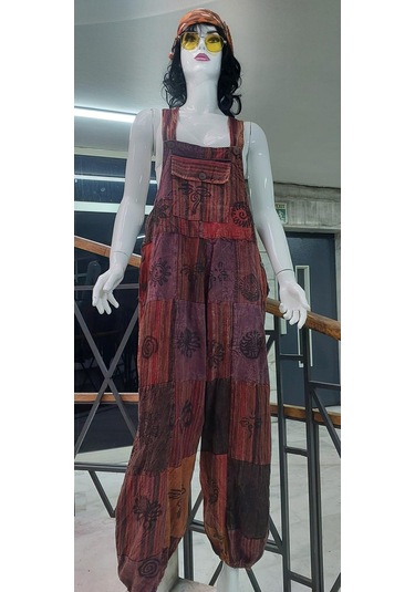 Hint Otantik Yıkamalı Taşlanmış Kahve Tonlu Şalvar Tulum Çok Renkli