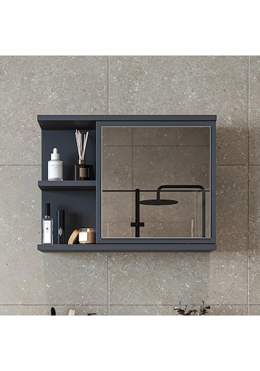 Kulpsuz Tek Kapaklı Mat Suntalam 60 Cm Aynalı Banyo Üst Dolap Ant Antrasit