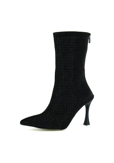 Erkan Saçmacı Nell Siyah Süet Taşlı Sivri Burun Fermuarlı İnce Topuklu Abiye Yarım Çizme Siyah