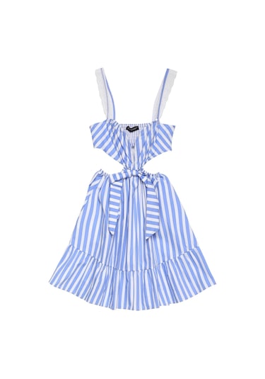 Olla Collection Kurdele Detaylı Çizgili Mini Elbise Mavi Mavi